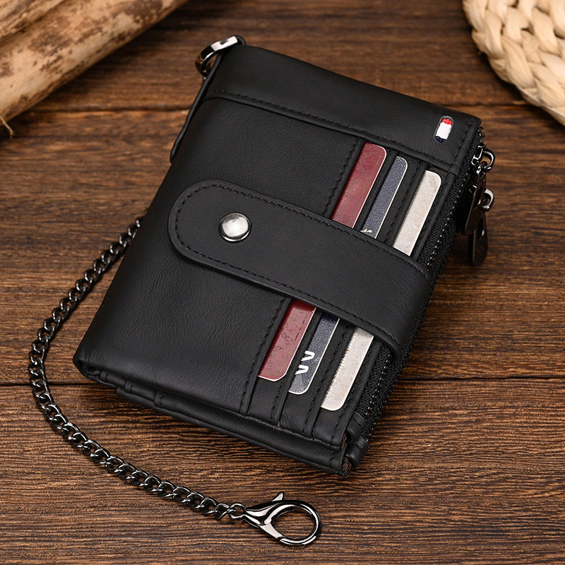 Real Cowskin Wallet Luxury Designer Short Purse Coin Wallet Handmade Card Holder Men Women Business Slim Wallets With Iron Chain