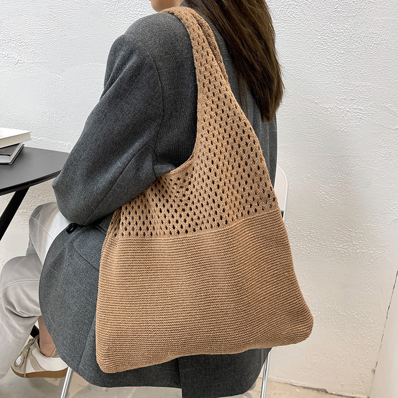 Vintage Hollow Woven Underarm Shoulder Bag Knitted Handbag for Women Large Capacity Shopper Totes Ladies Summer Beach Travel Bag