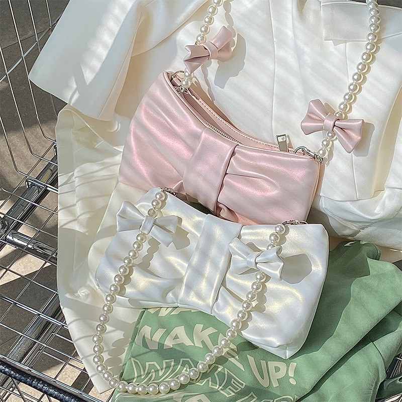 2022 Women's Vintage Bowknot Pearl Chain Shoulder Bag Fashion Girl Pearlescent New In Handbag Sac A Main Femme Bolsa Tote Bags