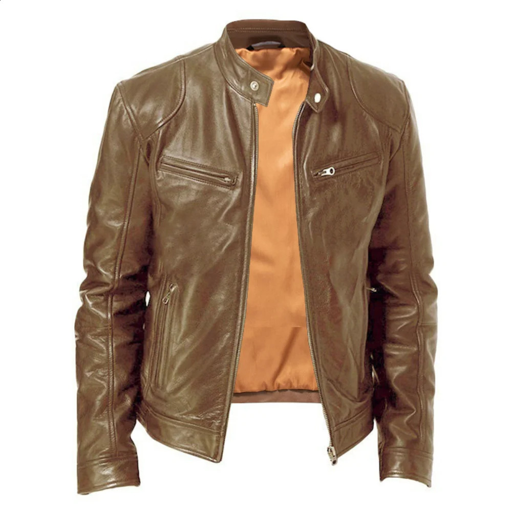 Spring Mens Stand-up Collar Slim Leather Jacket Zipper Pocket Decorative PU Coat Biker Men Clothes Casual Male 240822