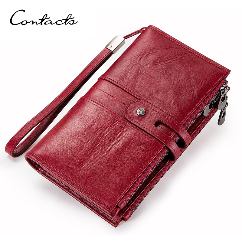 CONTACT'S Genuine Leather Women Long Wallets Zipper Strap Coin Purse Female Hasp Design Card Holder Phone Bags