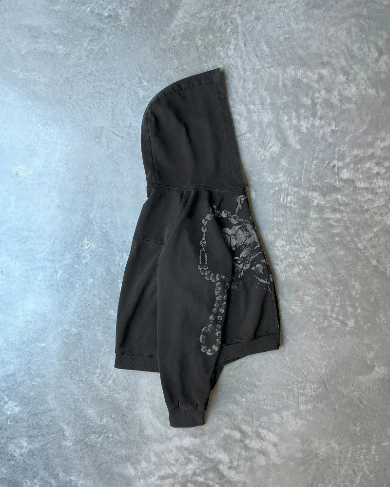 Y2K Harajuku Style Fashion Black Print Hooded Sweater Men Vintage Hip Hop Casual Joker Sports Hoodie Streetwear Tops 240802