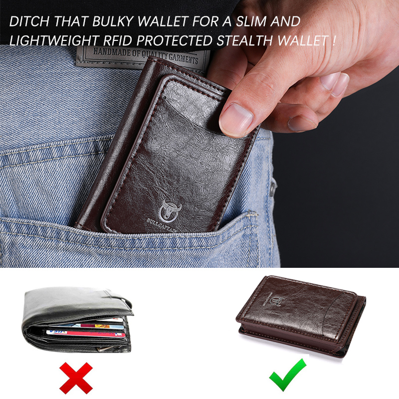 Bullcaptain Credit Card Holder Men Wallet RFID Blocking Protected Aluminium Box Leather Wallets with Money Clip Card holder