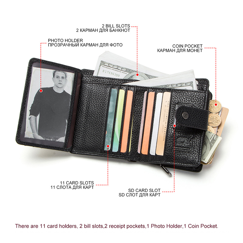 CONTACT'S Genuine Leather Men Wallets Retro Trifold Card Holders Zipper Coin Purses Women's Wallets Money Clip Female Handbags