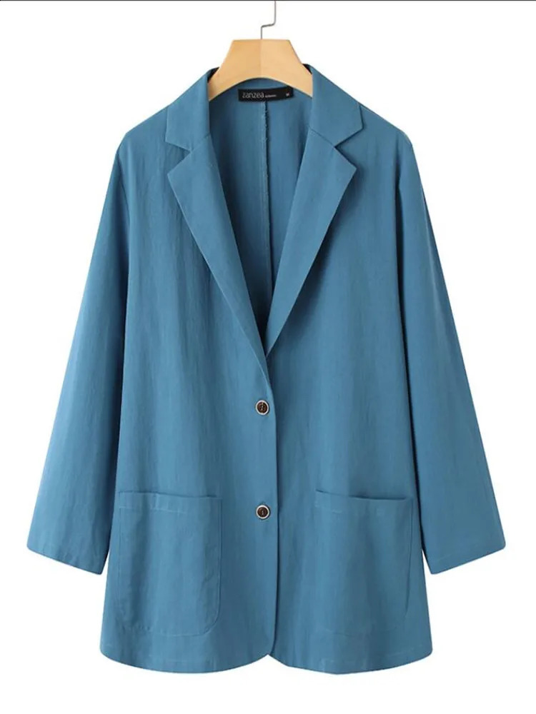 ZANZEA Autumn Fashion Work Blazer Lapel Neck Long Sleeve Suits Women Casual Solid Cotton Elegant Thin Cardigan Coats 240801
