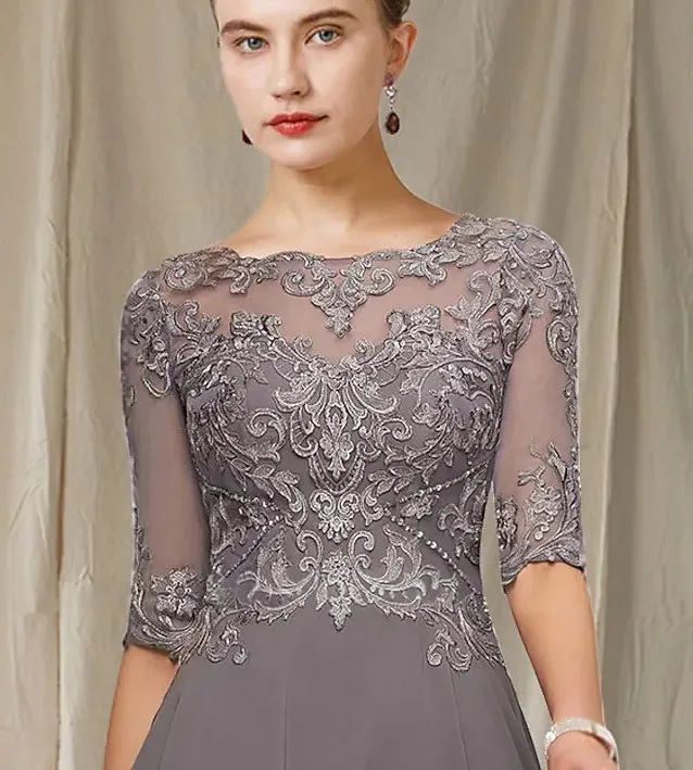 Simple Chiffon Tea-Length Silver Prom Dress Illustion Scoop Long Sleeve Beading Applique Lace Evening Gown Sexy Backless A-Line Prom Dress