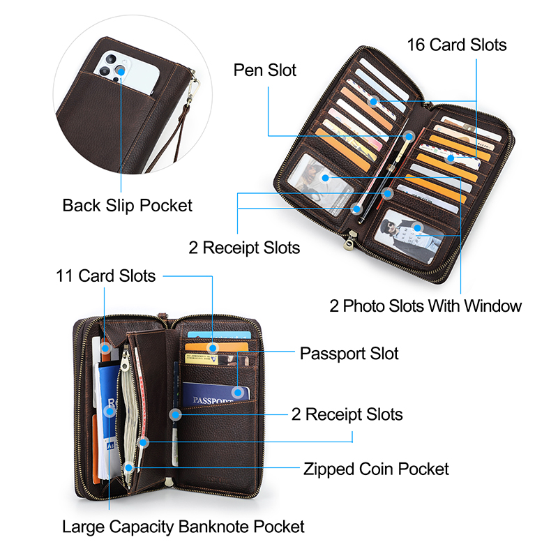 CONTACT'S Clutch Wallets For Men Genuine Leather Male Handbags Coin Purses Passport Cover Card Holders Money Clips Men's Wallet