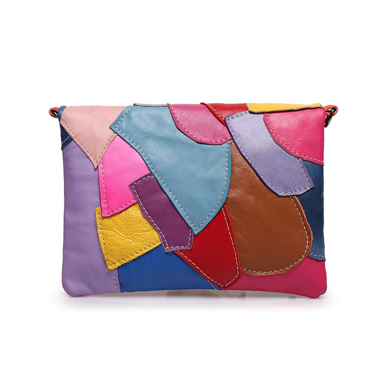 Women's Fashion Mini Soft Genuine Leather Sheepskin Colorful Patchwork Design Crossbody Shoulder Bag with Chain Strap