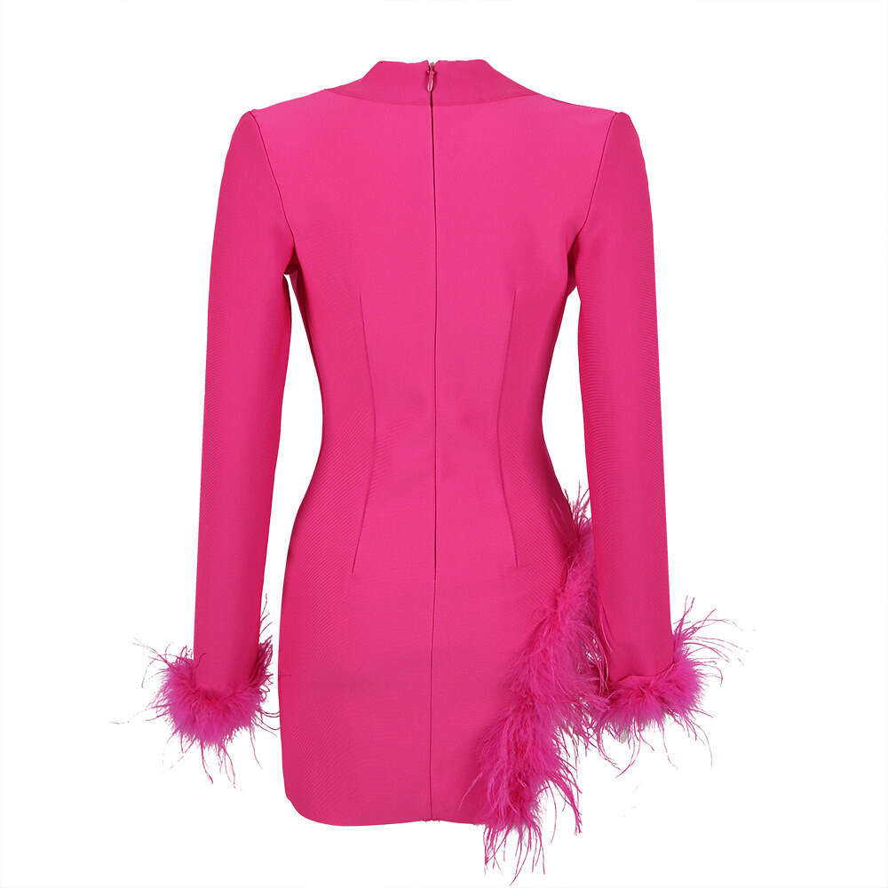 New womens long sleeved ostrich fur style Fashion elastic socialite suit dress evening dress short skirt