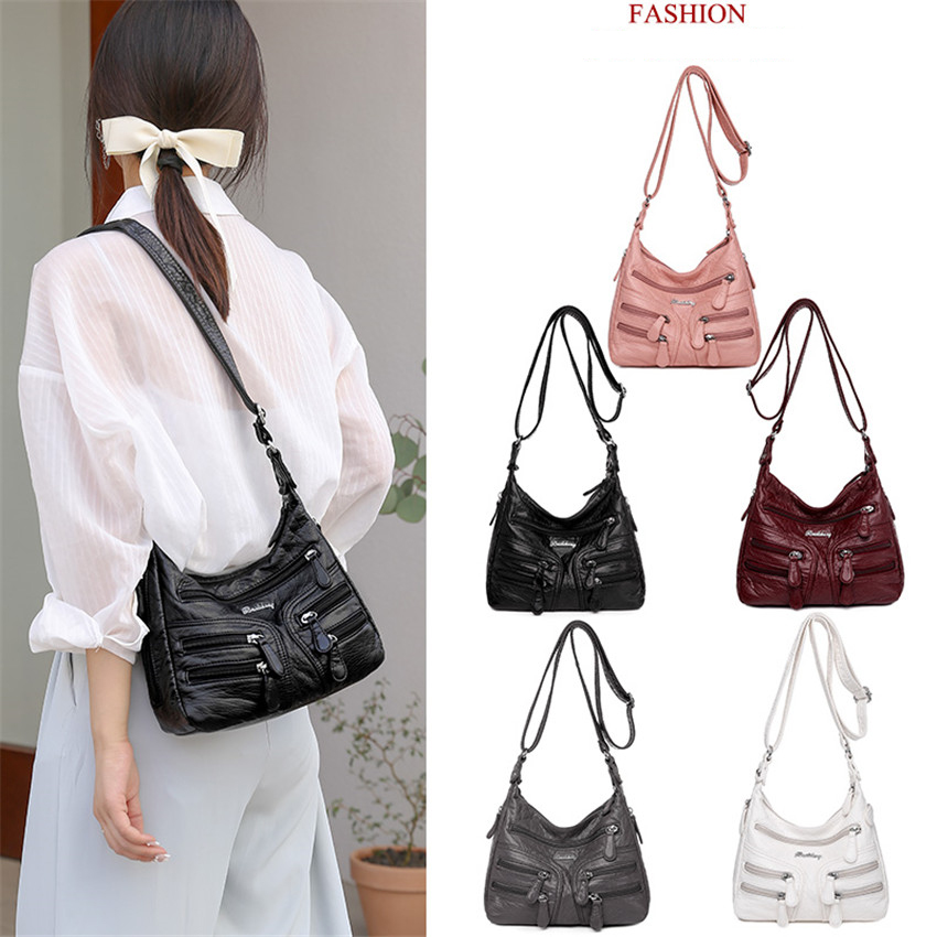 Small Soft Shoulder Bag Casual Women Bag Wash White Leather Crossbody Adjustable Multi-pocket Ladies Pocket Bolsa De Ombro New