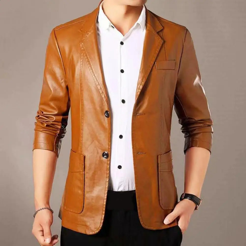 Premium Fabric Men Jacket Stylish Lapel Collar Mens Jacket with Button Cuffs Pocket Faux Leather Coat for Outdoor Business 240822
