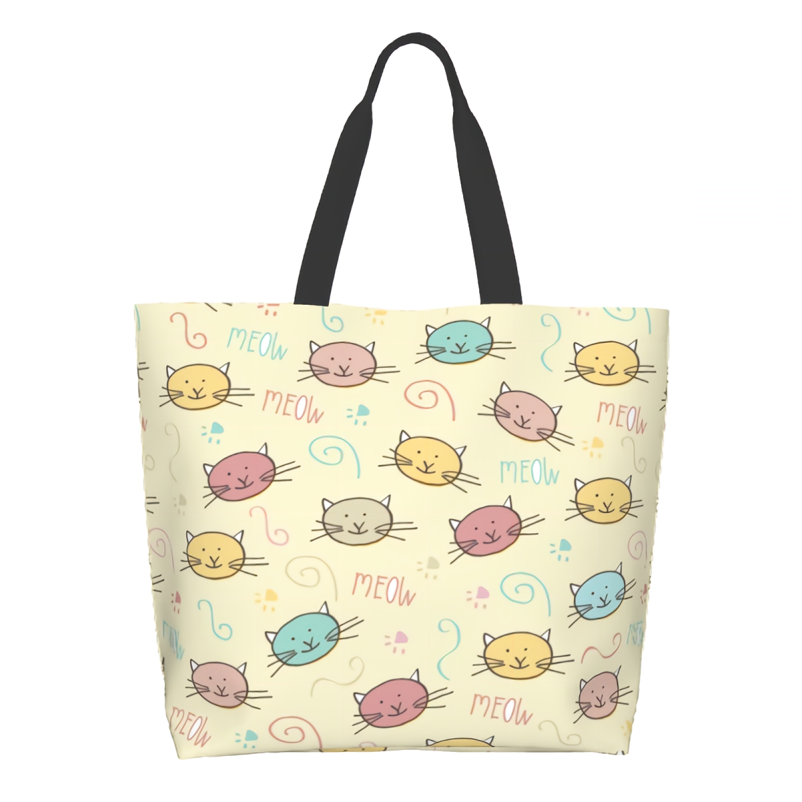 Cute Doodle Cats Meow Funny Vintage Cartoon Kitty Pet Print Canvas Tote Bag for Women Weekend Kitchen Reusable Grocery Bag