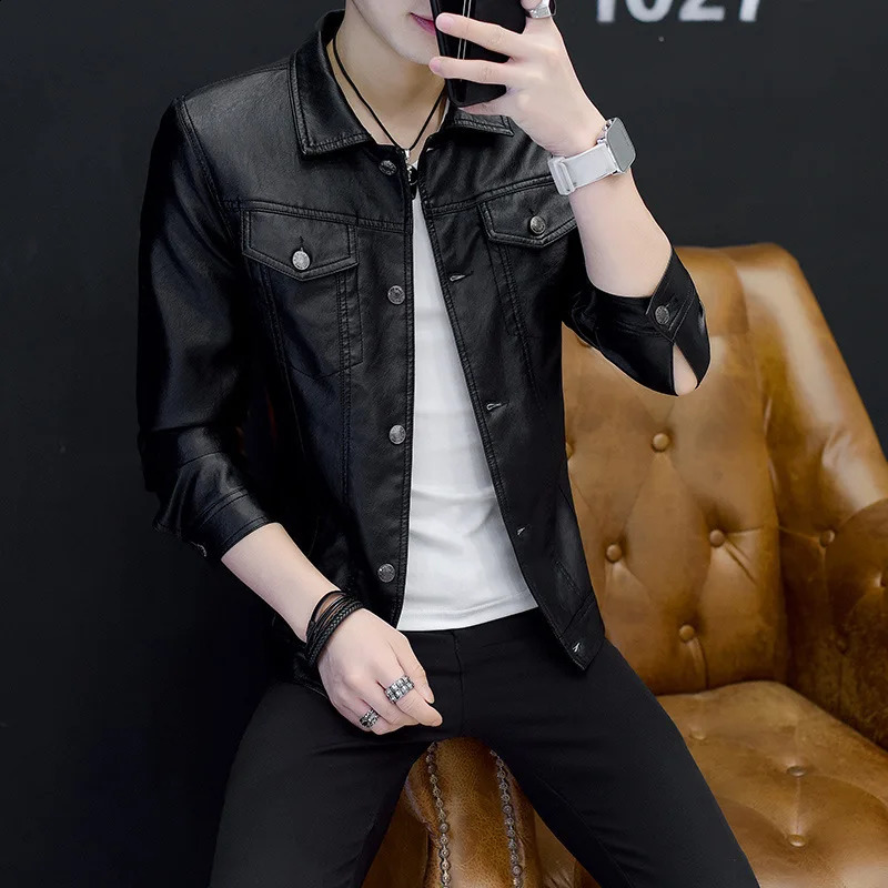 Mens Fashion Youth Lapel Faux Leather Jacket Korean Casual Slim Locomotive PU Leather Coat Man Shirts Jacket Male Clothing 240822