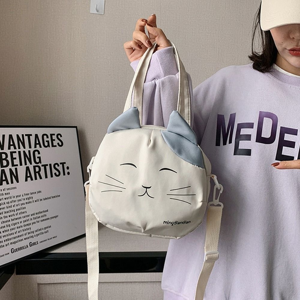 Casual Canvas Nylon Prints Cat Messenger Bag Large Capacity Shoulder Bag Handbag College Style Portable Crossbody Bag Students