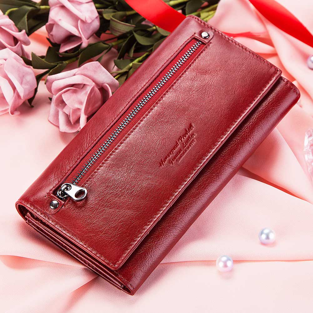 Women Genuine Leather Wallets Fashion Cell Phone Clutch Bag for RFID Protect Card Holder Purse Travel Zipper Pocket Long Handbag