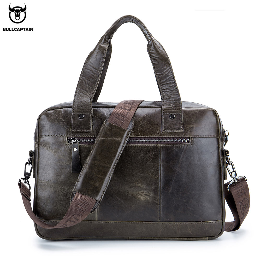 BULLCAPTAIN Men's Real Leather Briefcase 14.5 Inch Laptop Sleeve ,Casual Shoulder Messenger Bag, Tote, Work, Office, 042