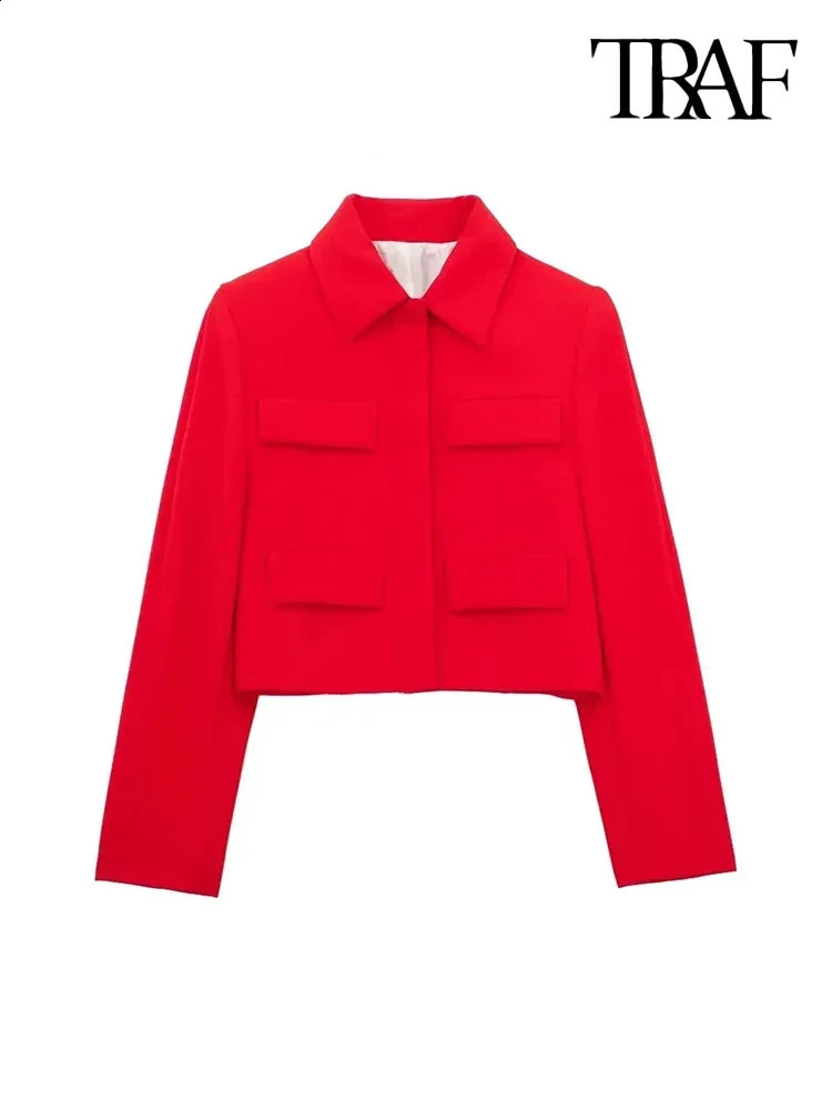 TRAF Womens Fashion with flaps cropped jacket vintage long sleeved button up womens coat fashionable top 240827