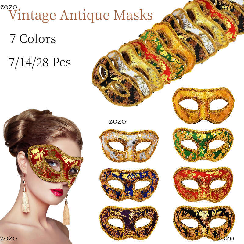 7/14/28Pcs Mardi Gras Carnival Mask Venetian Masks Vintage Antique Masks Masquerade Masks Unisex Half Face Party Masks 7 Colors