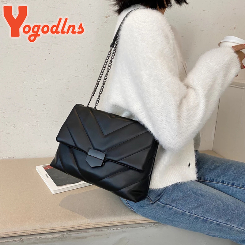 Yogodlns Thread PU Leather Crossbody Women Fashion Chain Messenger Shoulder Bags Female Large Capacity Lady Handbag