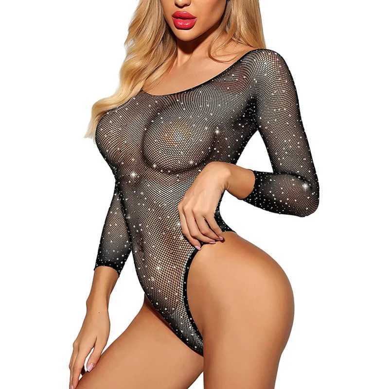 Plus Size Rhinestone Erotic Hot Bodysuits For Women Sexy Fishnet Lingerie Babydoll Dress Porno Underwear See Through Sex CostumeXJ250220