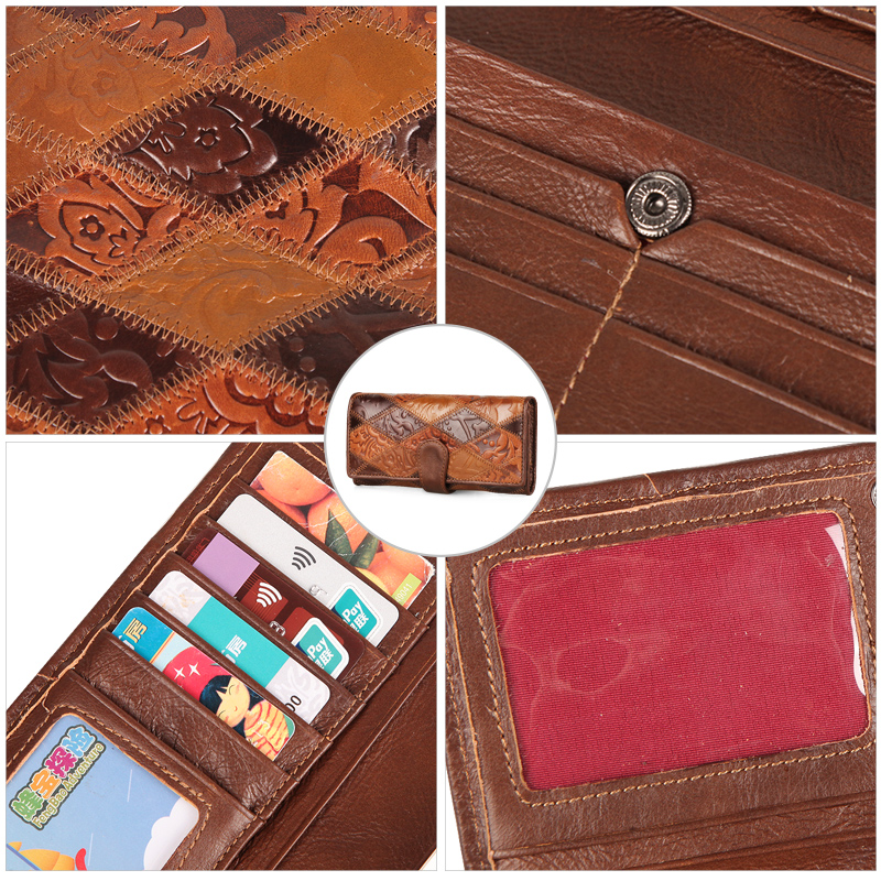 New Genuine Leather Purse Coin Long Wallet For Women Fashion Lady Luxury Phone Money Bags Patchwork Vintage Female Print Clutch
