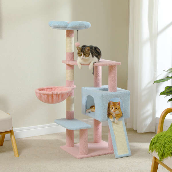 wer Tree 47.2-inch Multi story Tower, Scratching Pillar Covered with Sisal, Cute Cat Apartment, Suitable for Indoor Small and Medium sized Cats, Pink 