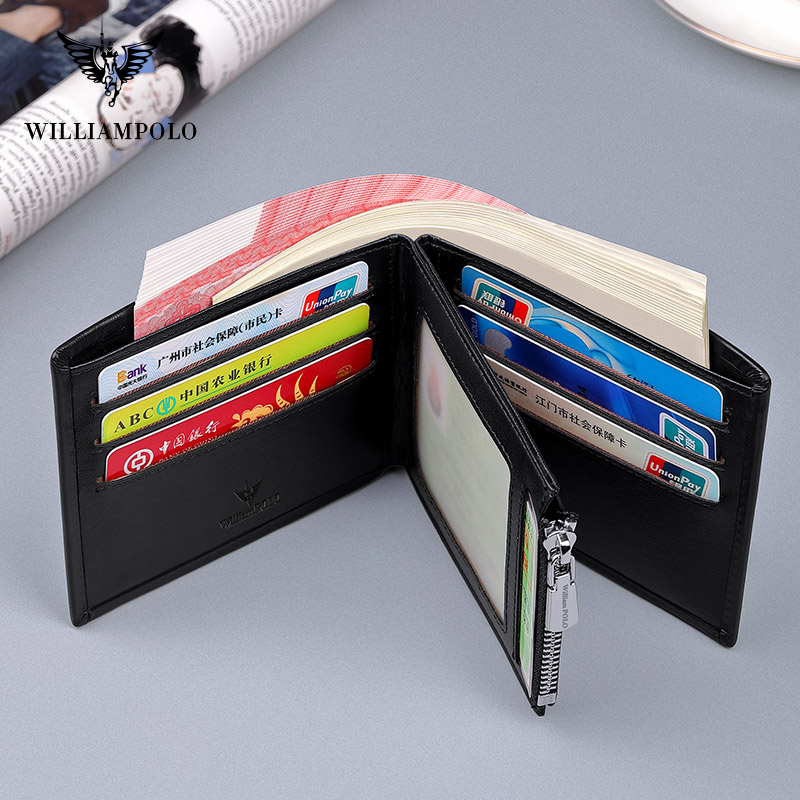 WILLIAMPOLO Men's Wallet Genuine Leather Mini Purse Casual Design Bifold Mals Wallet Luxury Brand Short Slim Wallet