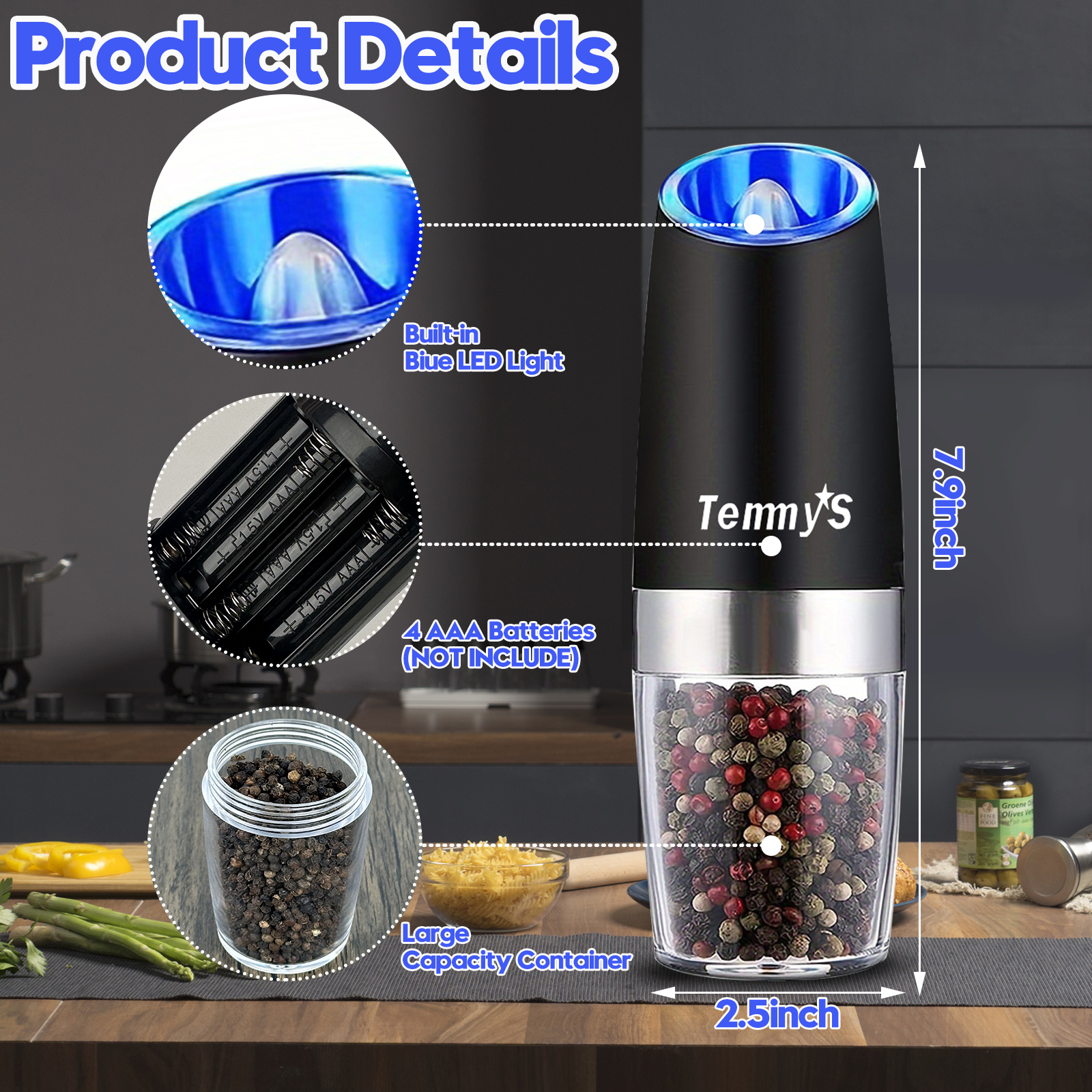 2 gravity electric salt and pepper grinders with adjustable roughness, battery powered LED lights, one handed automatic operation