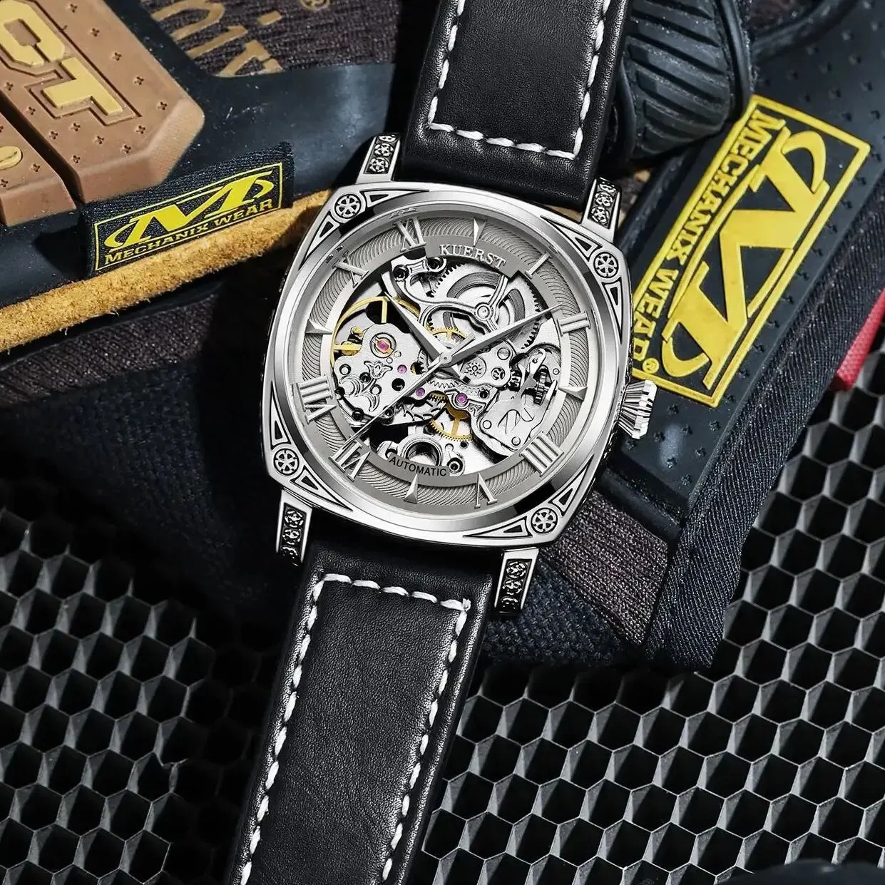 KUERST Automatic Mechanical Roman Steel Nails/waterproof Hollow/three-dimensional Carved Shell Fashion Glow-in-the-dark Watch 240724