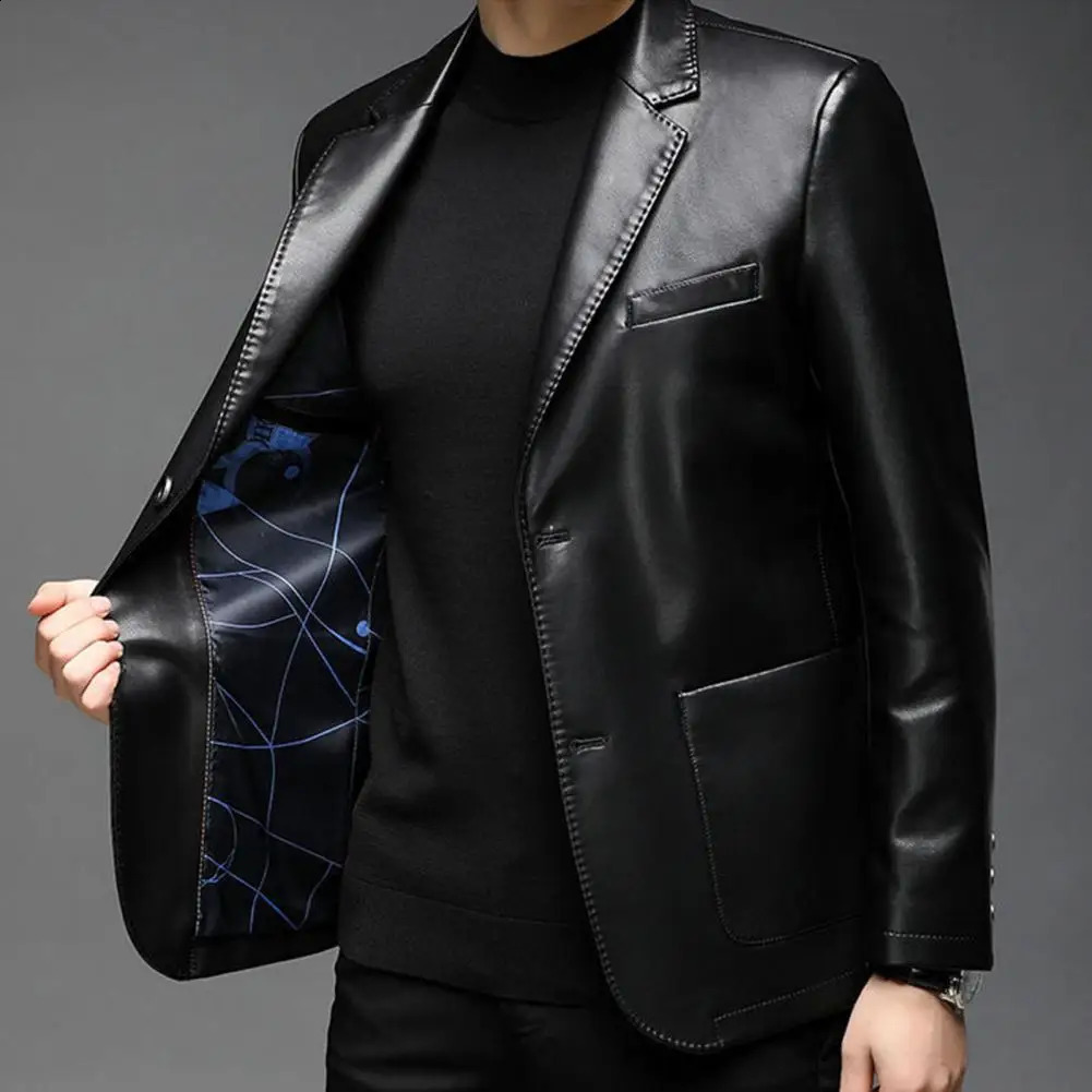 Premium Fabric Men Jacket Stylish Lapel Collar Mens Jacket with Button Cuffs Pocket Faux Leather Coat for Outdoor Business 240822