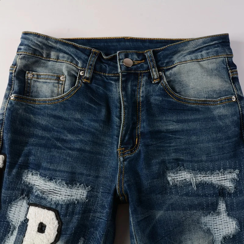 Mens high street blue jeans embroidered with letters tight elastic jeans 240829