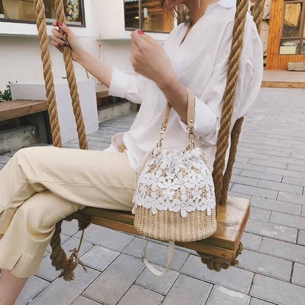 Straw Plaited Article Lace Bucket Bags for Women Causal Holiday Beach Bag Elegant Handbags Shoulder Crossbody