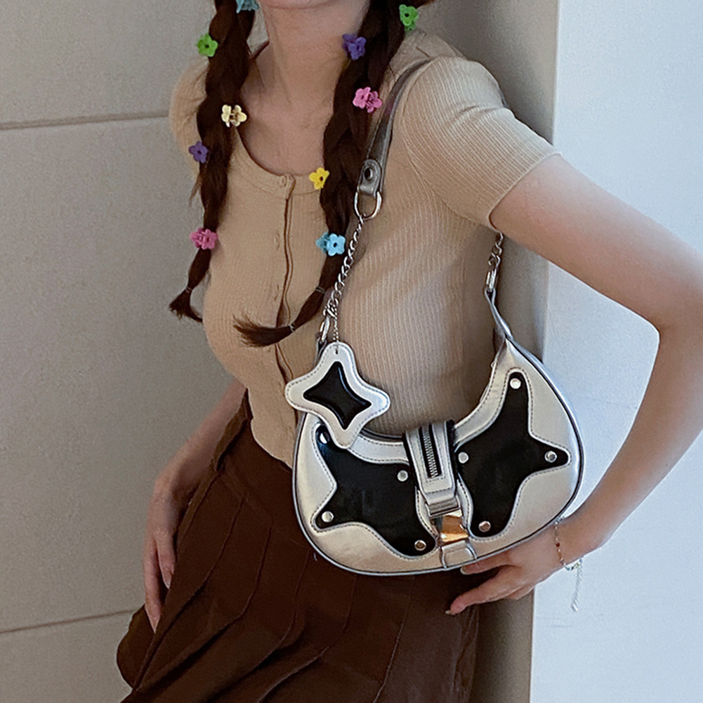 2025 new Y2K for Women Retro PU Leather Rivets Armpit Fashion Contrast Color Shoulder Bag Zipper Hasp Top-handle Bags zhanyishengli