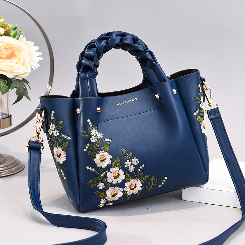 Weave handle Floral PU Leather Embroidery Women Handbags Brand Fashion Designer Ladies Bag Shoulder White Female Handbags