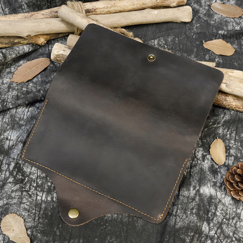 Men's Crazy Horse Leather Long Wallet Brown Real leather Trifold clutch snap purse Hasp purse with Phone pocket and coin pocket