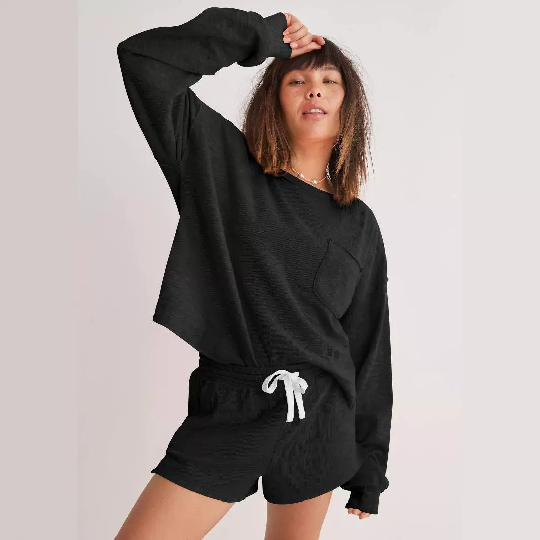 Ribbed round neck top, comfortable casual hoodie, women's long sleeved knitted sweater