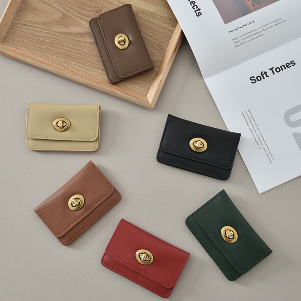 Retro Genuine Leather Credit Card Holder Luxury Fashion Custom Initials Slim Women Wallet Engrave Letters Lock Flap Mini Purse