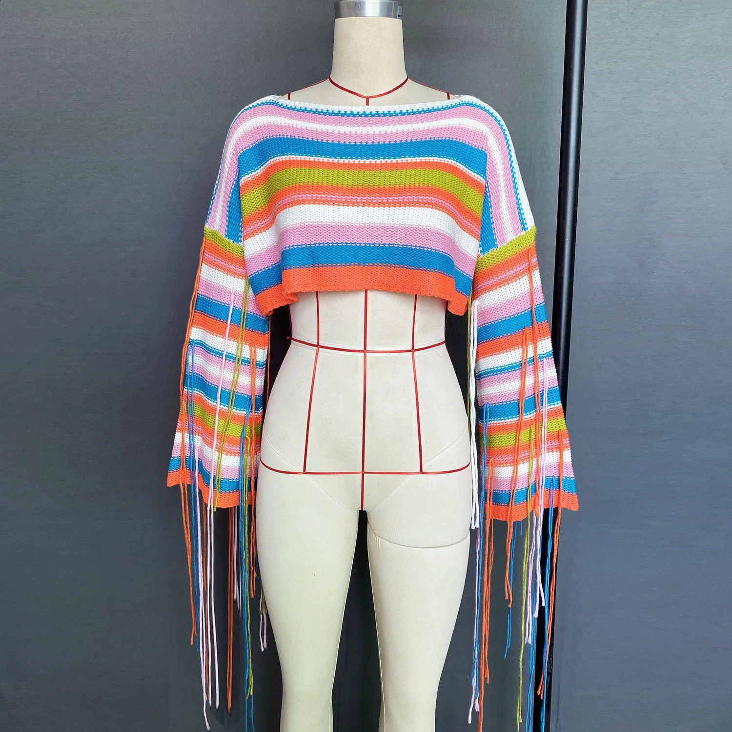 Sexy Colorful Knitted Casual Crop Top Women Long Sleeve Tassel Sweaters 2024 Summer Beach Harajuku Lolita Cover Ups Y2K Clothes 240813