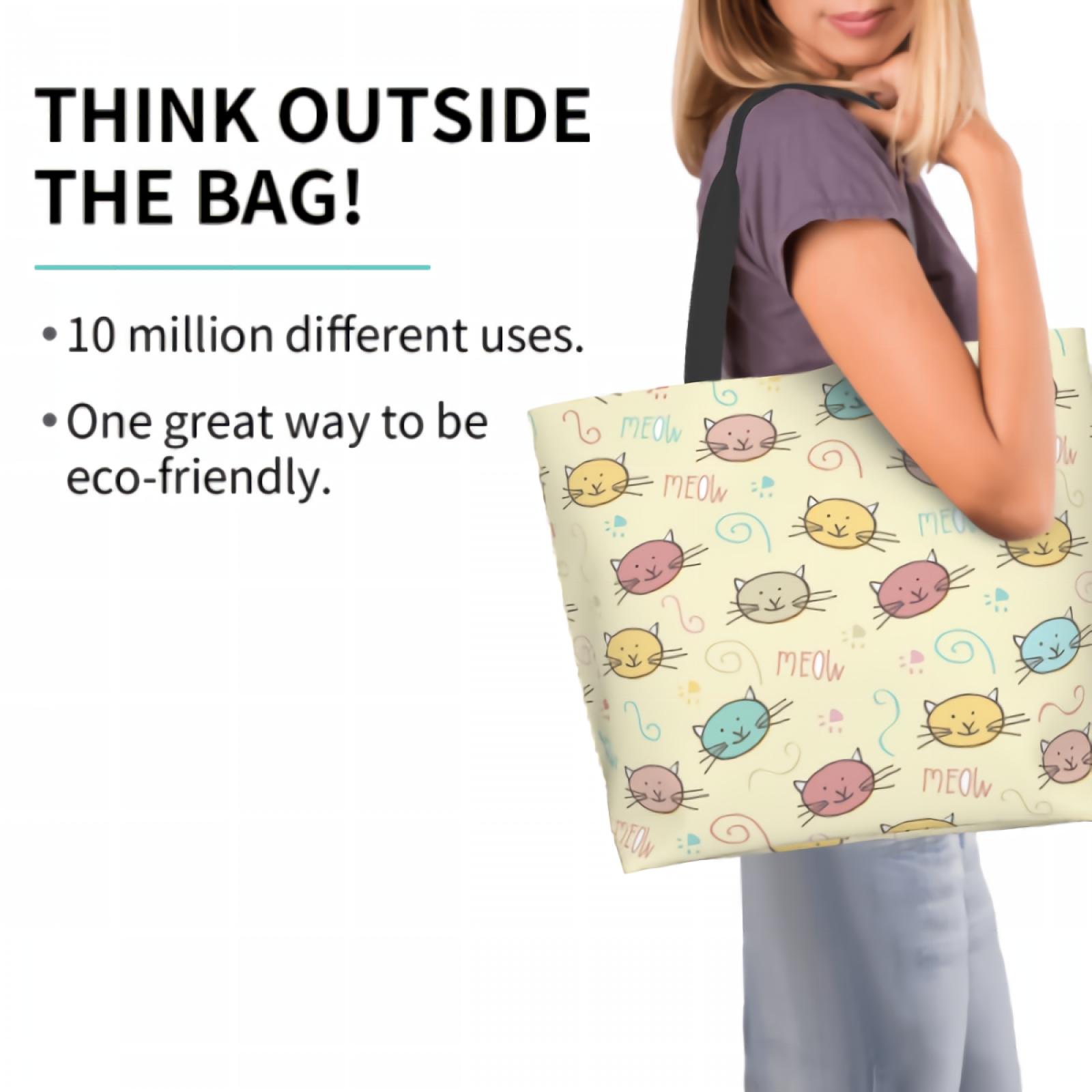 Cute Doodle Cats Meow Funny Vintage Cartoon Kitty Pet Print Canvas Tote Bag for Women Weekend Kitchen Reusable Grocery Bag