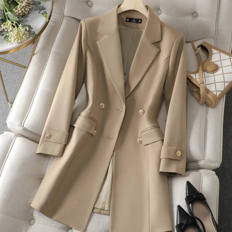 Autumn winter jacket womens long coat khaki coffee black office formal business 240827