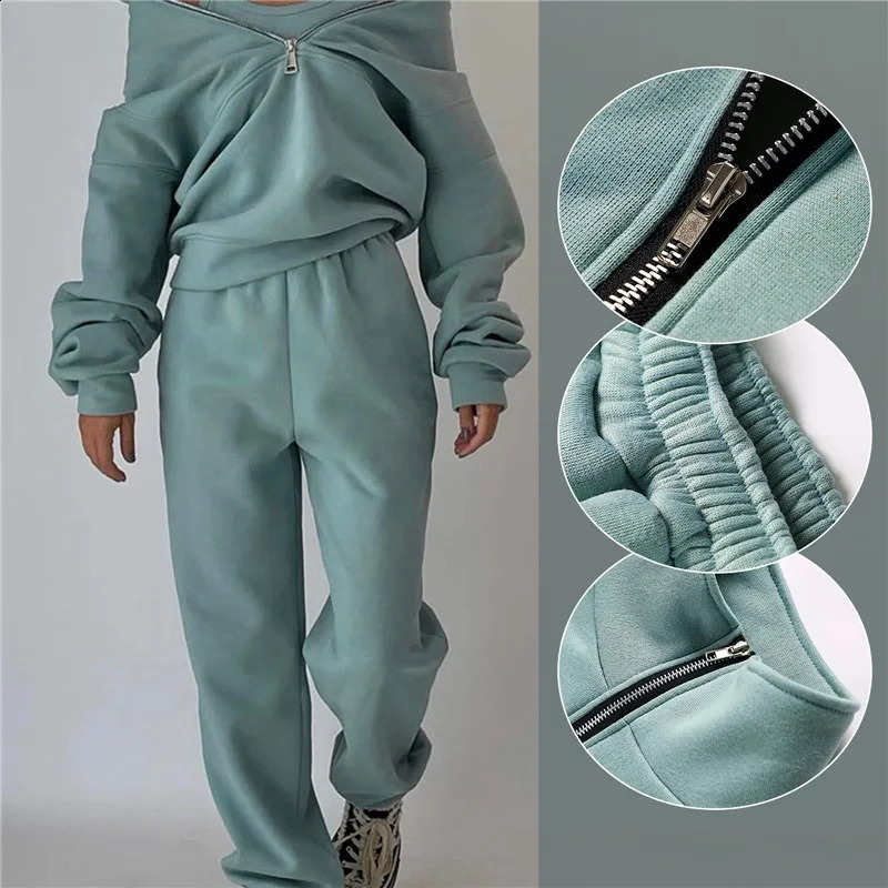 2piece thick womens track suit autumn and winter warm hooded top sports shirt jogging pants set 240821