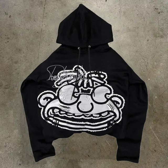 Mens Hoodies Harajuku Hoodie Hip Hop Cartoon Graphic Print Black Oversized Pullover Goth Men Women Fashion Casual Loose Sweatshirt