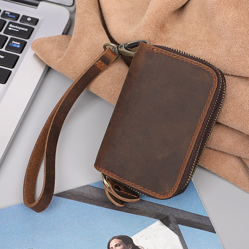 Genuine Leather Key Wallets Men Vintage Handmade Zipper Car Key Holder Cowhide Keys Organizer Women Housekeeper Case Coin Purse
