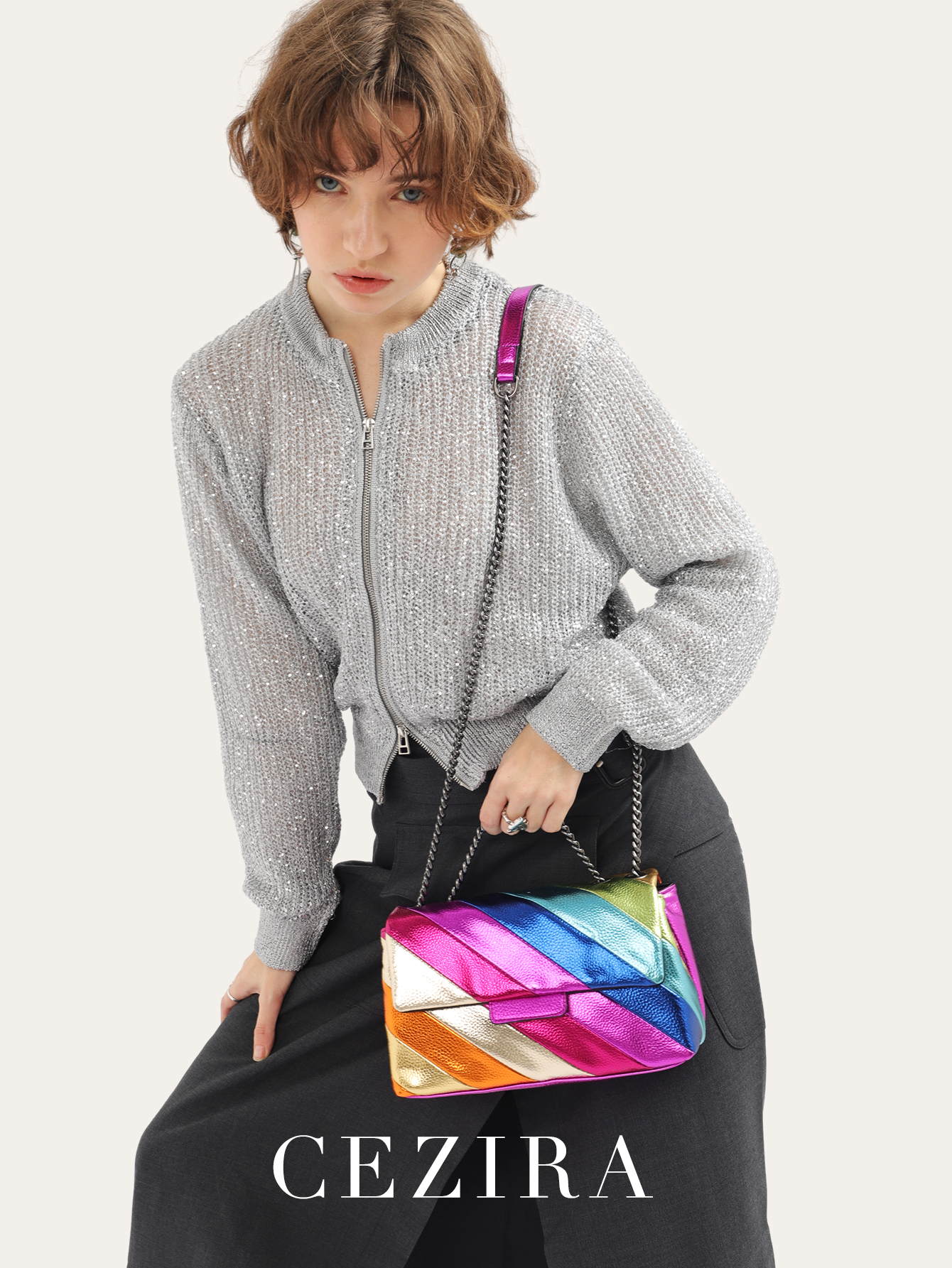CEZIRA Women Fashion Funky Metallic Colorful Stripes Handbags PU Leather Square Magnetic Flap Long Chain Cross Body Shoulder Bag