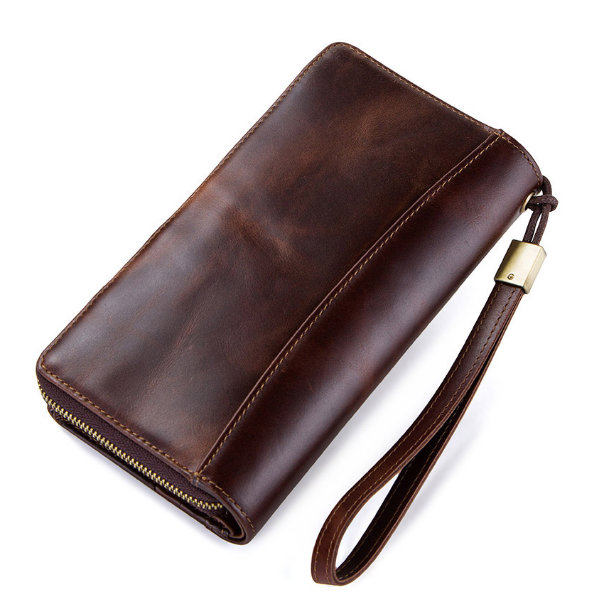 CONTACT'S Crazy Horse Leather Men's Wallet Long Clutch Card Holders For Men Cowhide Purse Wallet With Phone Holder Carteira Male