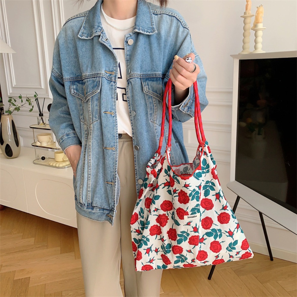 Portable Fashion Women Canvas Shoulder Bag Large Capacity Floral Printed Shopping Bags Cotton Casual Tote Bag Reusable Cloth Bag