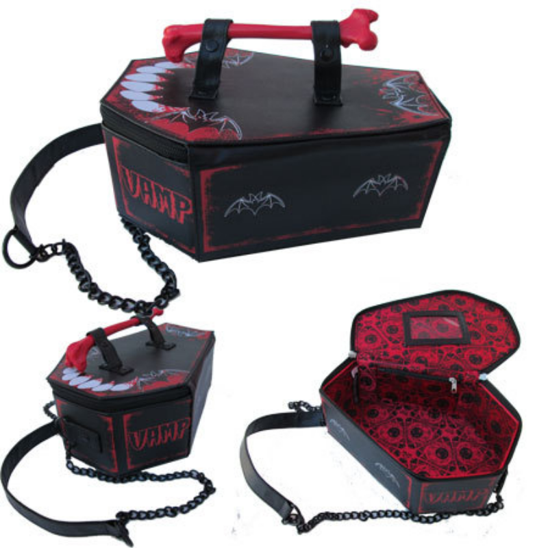 Skeleton Coffin Bag Gothic Bat Single Shoulder Bag Black PU Leather Purse Crossbody Bag