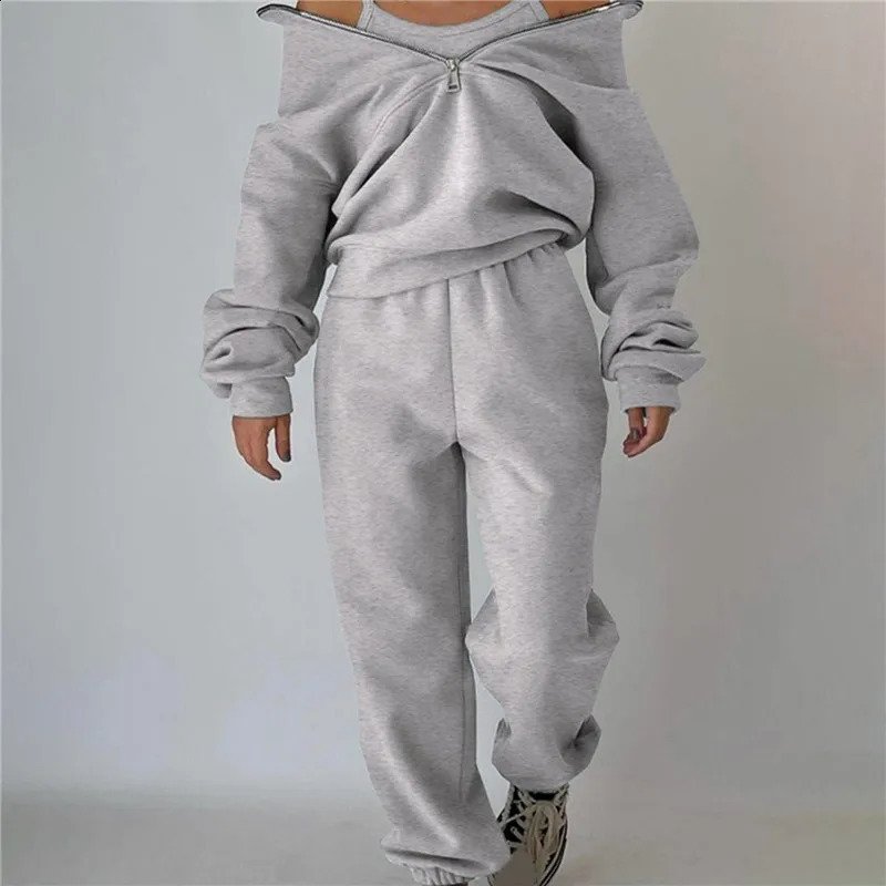 2piece thick womens track suit autumn and winter warm hooded top sports shirt jogging pants set 240821