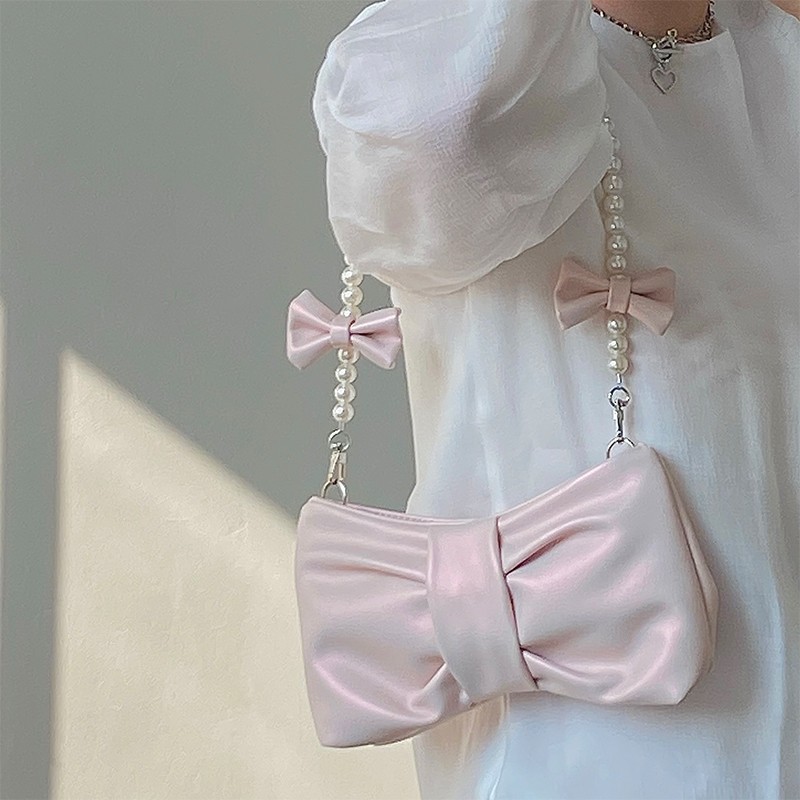 2022 Women's Vintage Bowknot Pearl Chain Shoulder Bag Fashion Girl Pearlescent New In Handbag Sac A Main Femme Bolsa Tote Bags