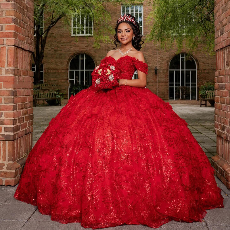 Red Sparkly Sequined Lace Quinceanera Dresses 2025 Luxury Beading Ball Gown Sweet 16 Gown Off Shoulder Vestidos De XV15 Anos